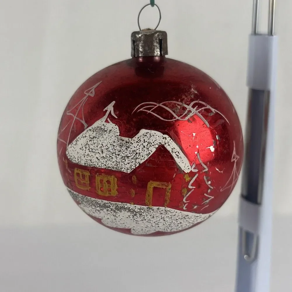 Vintage Mercury Glass Christmas Ornament Cozy Log Cabin Czechoslovakia 2.5